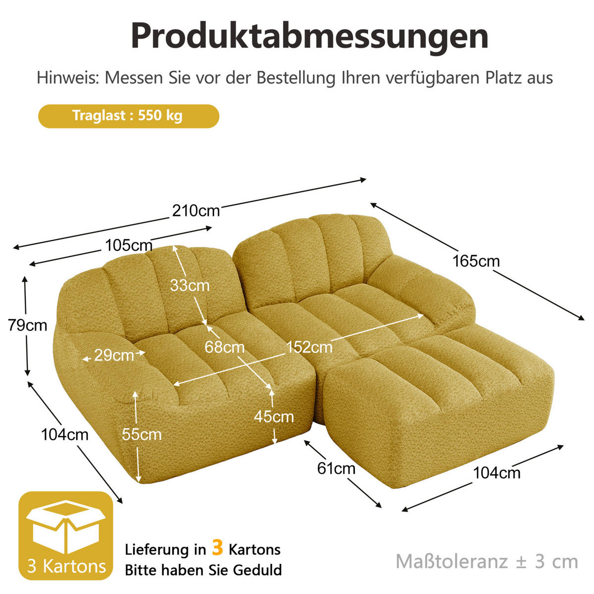 SOFA 2-Sitzer in Gelb mit Ottoman und modularer L-Form - Gelb, Textil (165/79/210cm) - Flora Grace