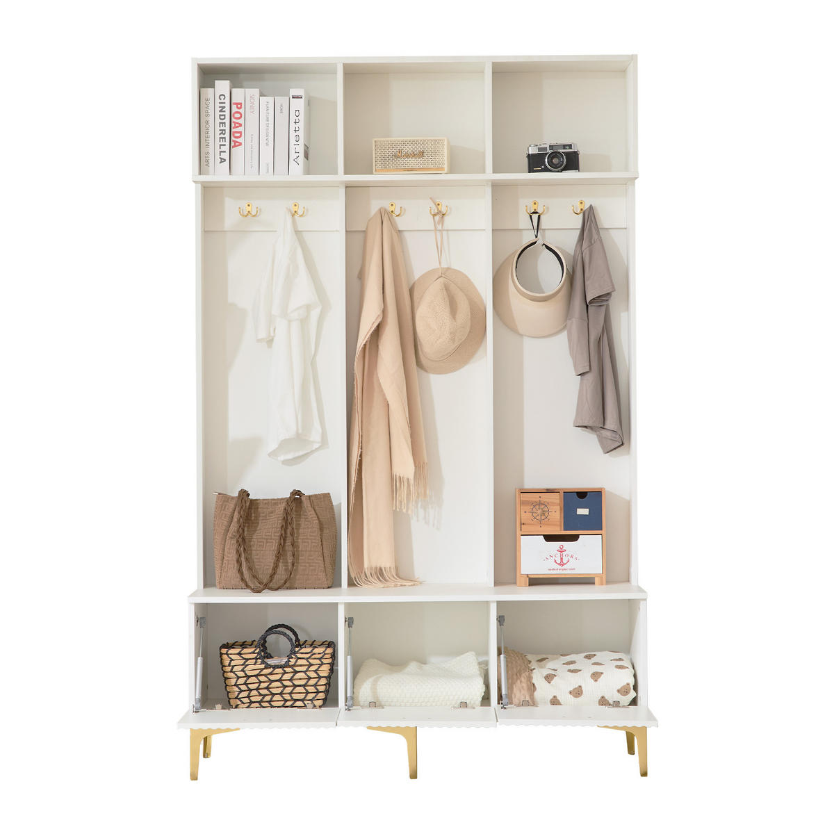 GARDEROBE mit Sitzbank, Spanplatte mit goldfarbenen Details, 120/23,5/191,5 cm, Weiß - Weiß, Holzwerkstoff (40/191/120cm) - Redom