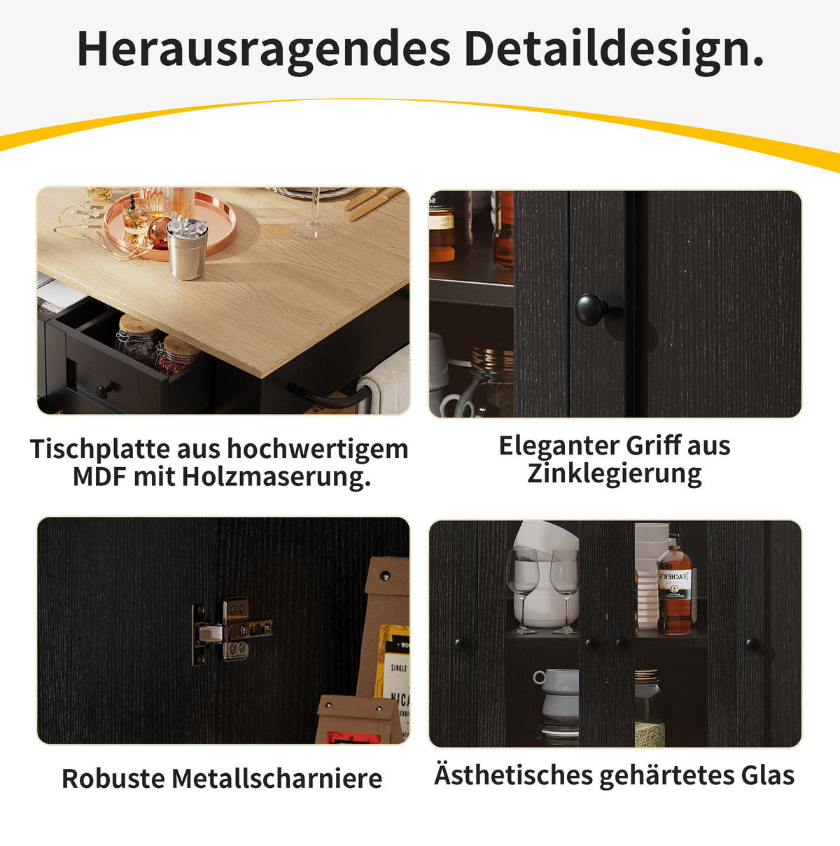 KÜCHENINSEL 151.5x85x91.7cm Schwarz mit Klapptisch & Schubladen - Schwarz, Holzwerkstoff (151.5/91.7/85cm) - Modfu