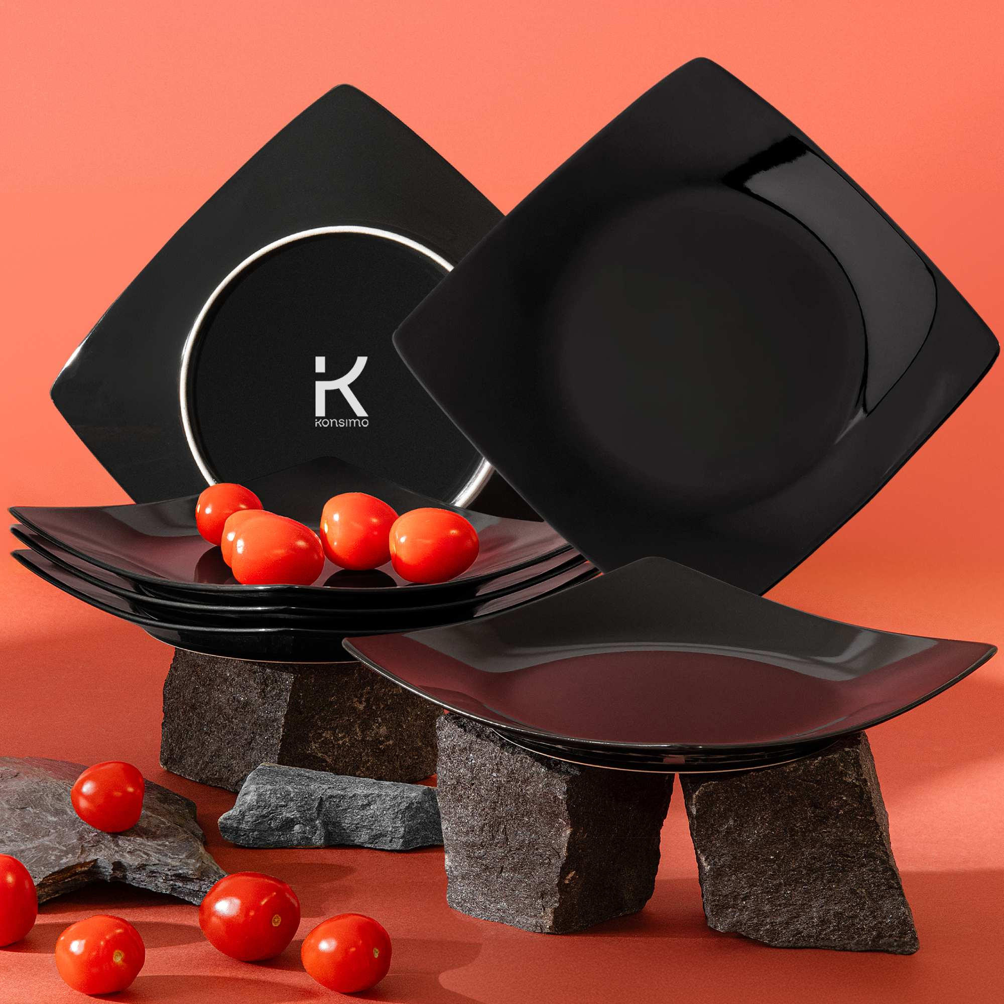 TELLERSET EPIRI Dessertteller 6 Personen 6-tlg - Schwarz Hochglanz, Keramik (21cm) - KONSIMO®