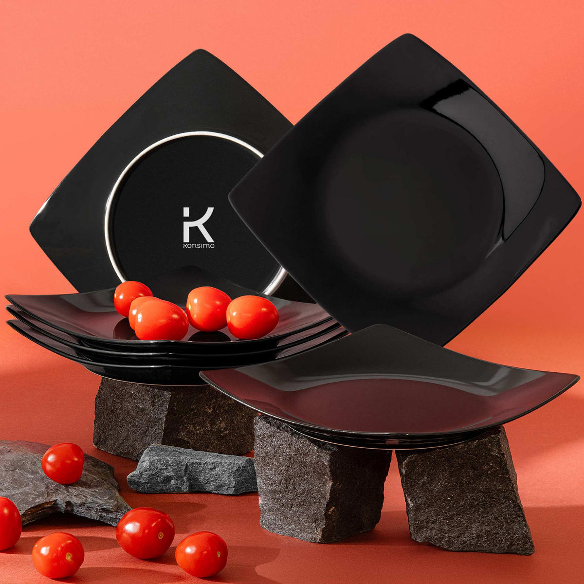 TELLERSET EPIRI Dessertteller 6 Personen 6-tlg - Schwarz Hochglanz, Keramik (21cm) - KONSIMO®