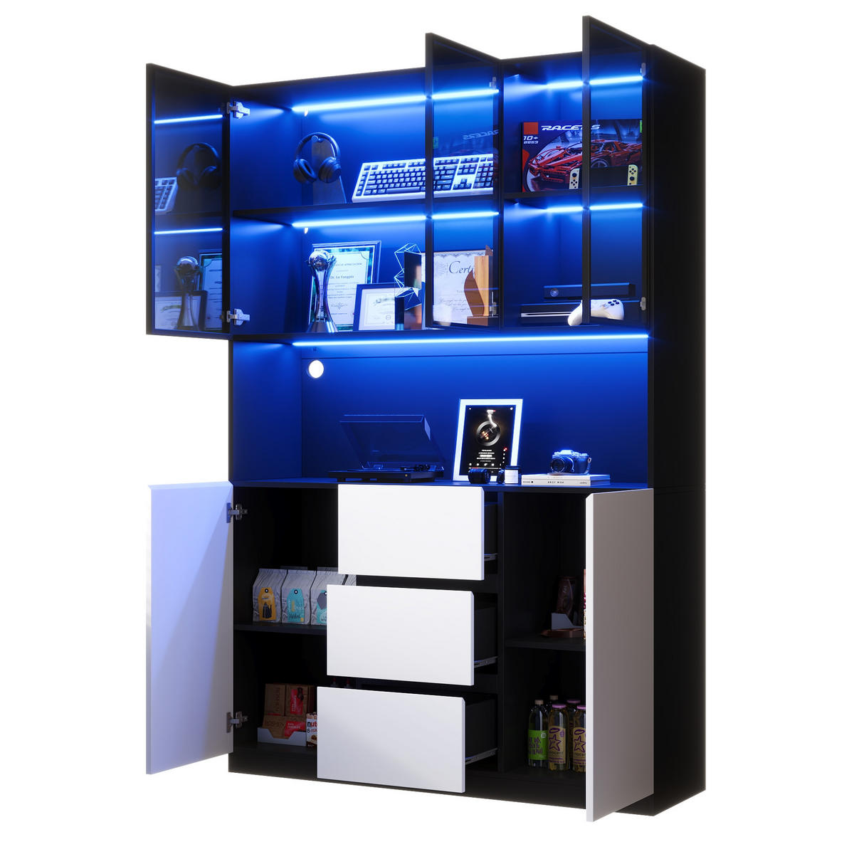 VITRINE 120cm Glas LED 3 Schubladen 2 Türen modern - Schwarz, Holzwerkstoff (120/200/40cm) - FLIEKS