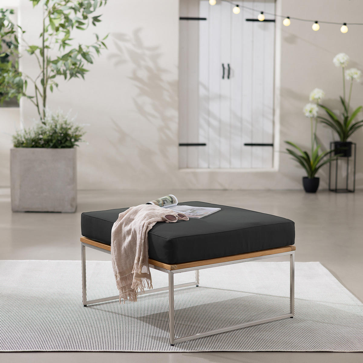 LOUNGEHOCKER - Webstoff / Teak massiv - Anthrazit, Holz/Textil (70/43/70cm) - home24