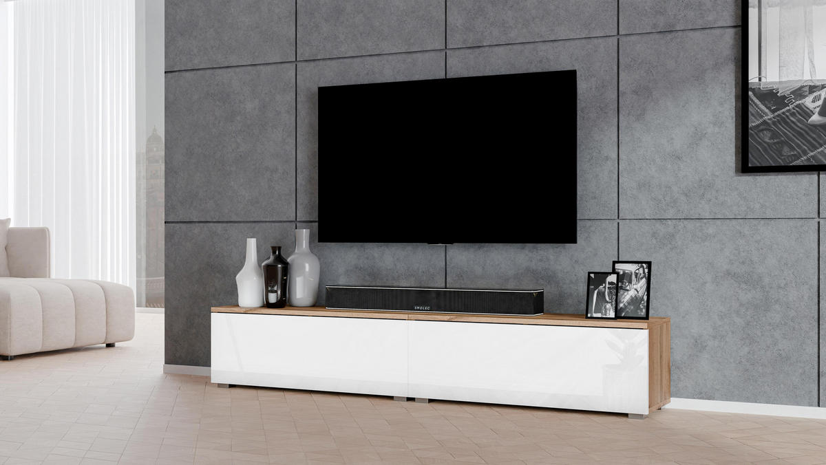 LOWBOARD Loriano 2x100 Wotan, Weiß Hochglanz 200/36,5/32 cm – Hängend und Stehend - Braun/Weiß, Holzwerkstoff/Kunststoff (200/36.5/32cm) - AX Living