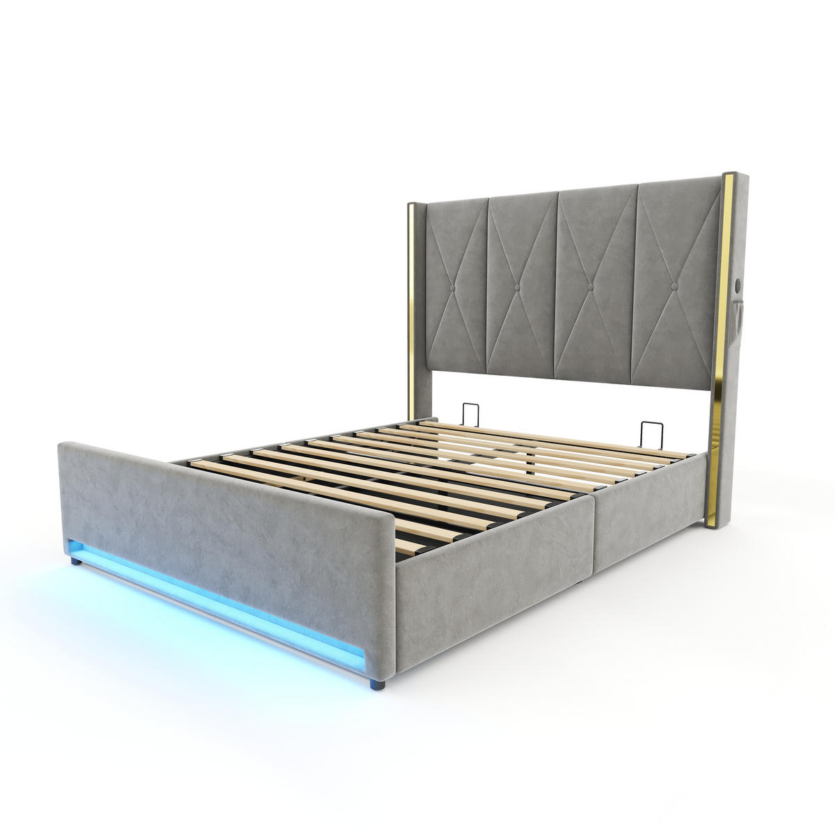 POLSTERBETT 90/200 cm Dunkelgrau mit LED-Beleuchtung und hydraulische Speicherfunktion - Dunkelgrau, Textil (90/200cm) - Oxeza