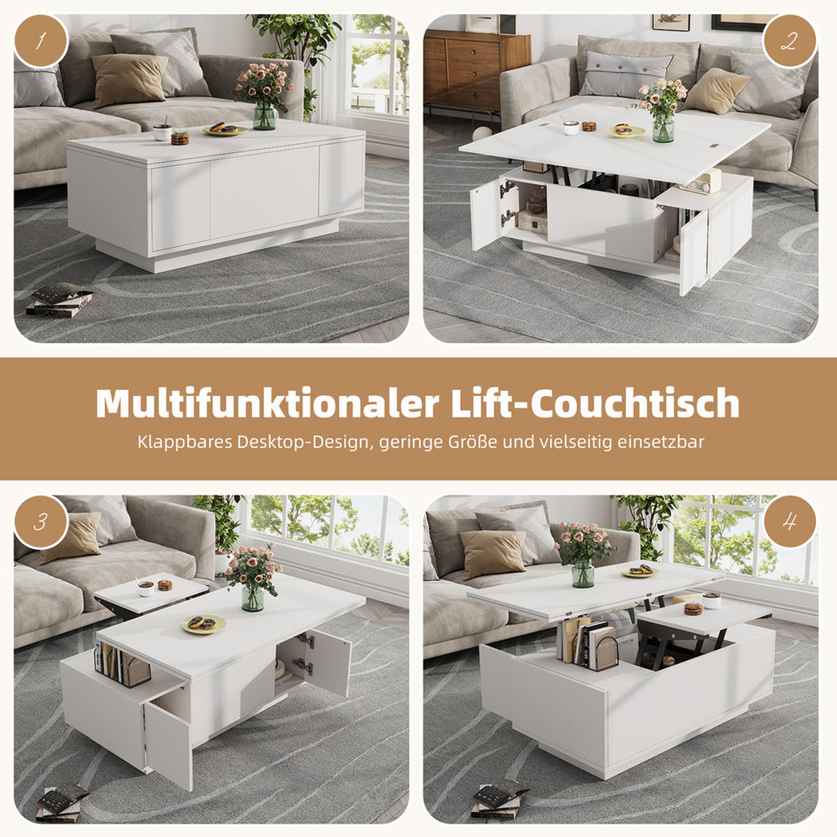 COUCHTISCH Doppel-Hebemechanismus Weiß Versteckter Stauraum 50kg Belastbar - Weiß, Holz (109/61/9.5cm) - FLIEKS