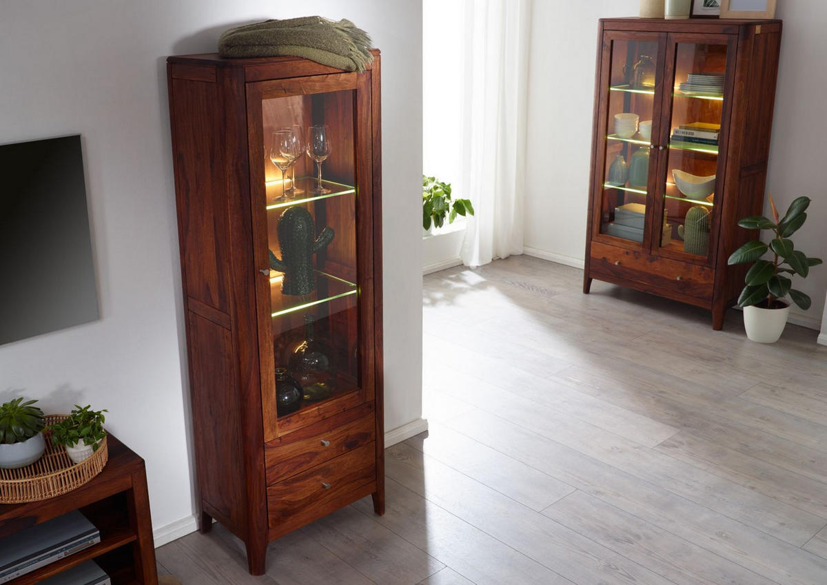 VITRINE Sheesham 60x40x178 walnuss geölt BROOKLYN #26 - Dunkelbraun, Holz (60/178/40cm) - Massivmoebel24