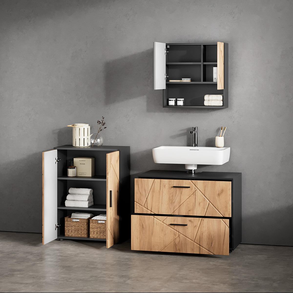 MIDISCHRANK Ronco Goldkraft Eiche/Anthrazit 60 x 81 cm - Anthrazit/Eiche Wotan, Holzwerkstoff (60/81/30cm) - Livinity®