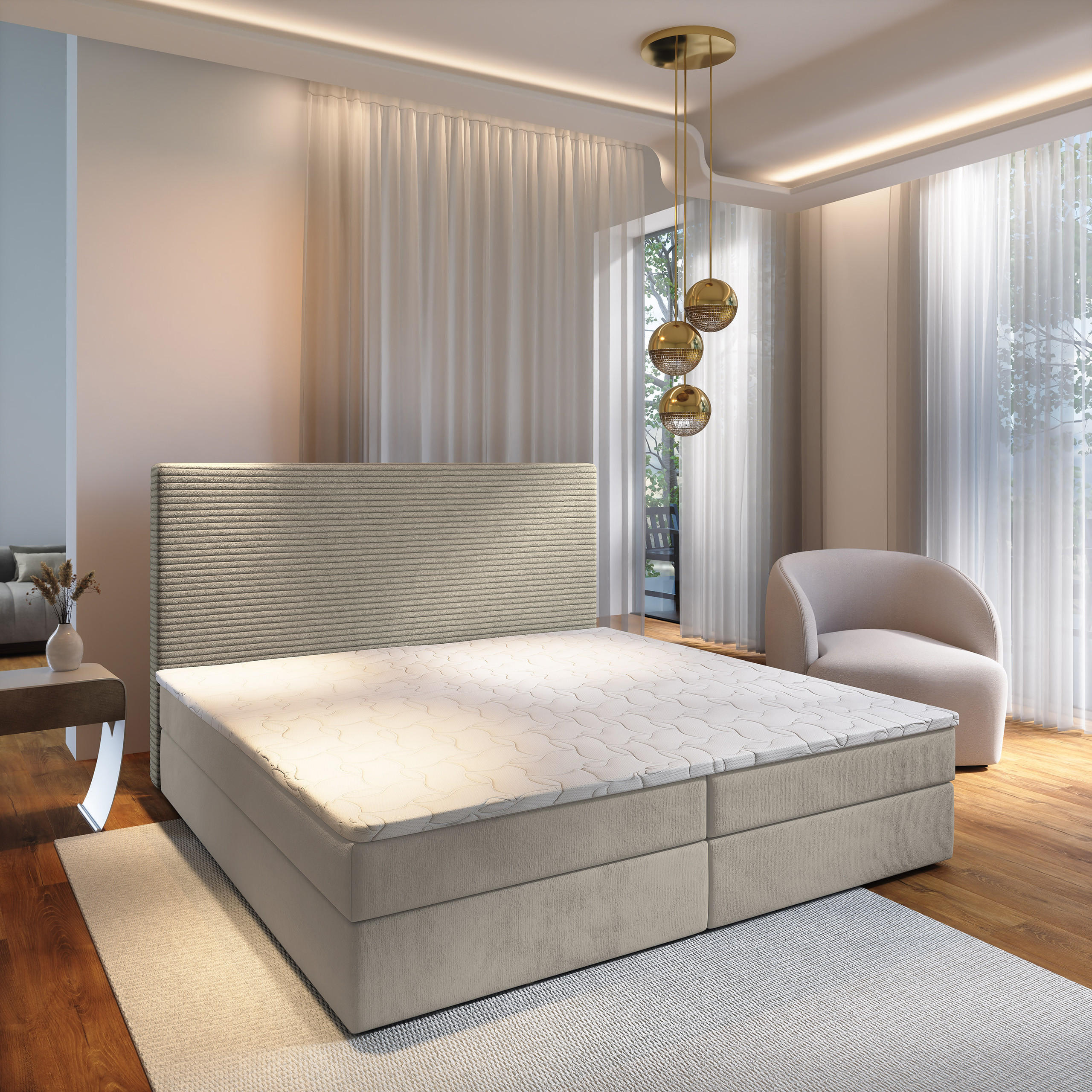 BOXBETT GIARRO 140x200 cm mit Matratze und Topper - Beige - Beige, Holz (140/200cm) - MASSENO