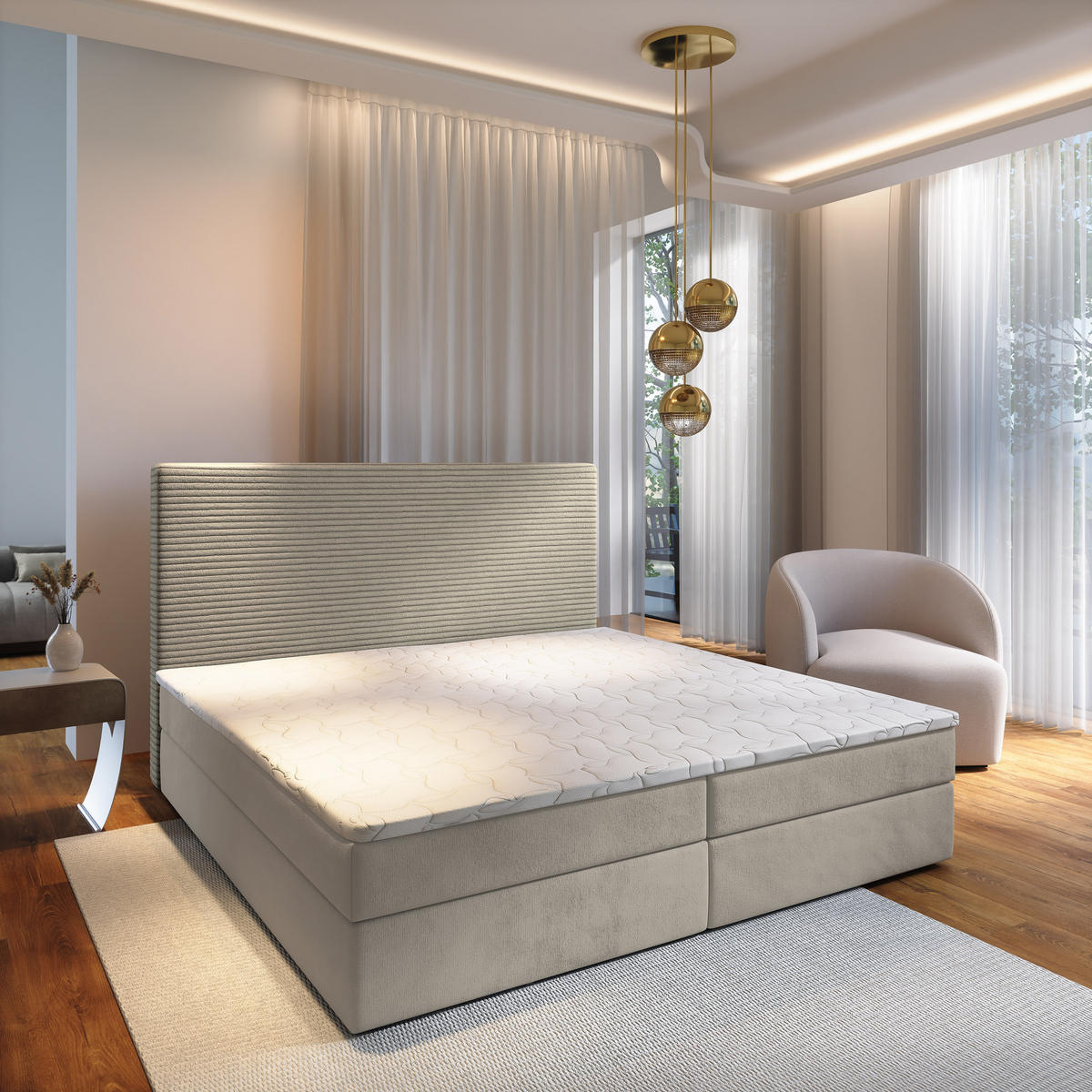 BOXBETT GIARRO 140x200 cm mit Matratze und Topper - Beige - Beige, Holz (140/200cm) - MASSENO