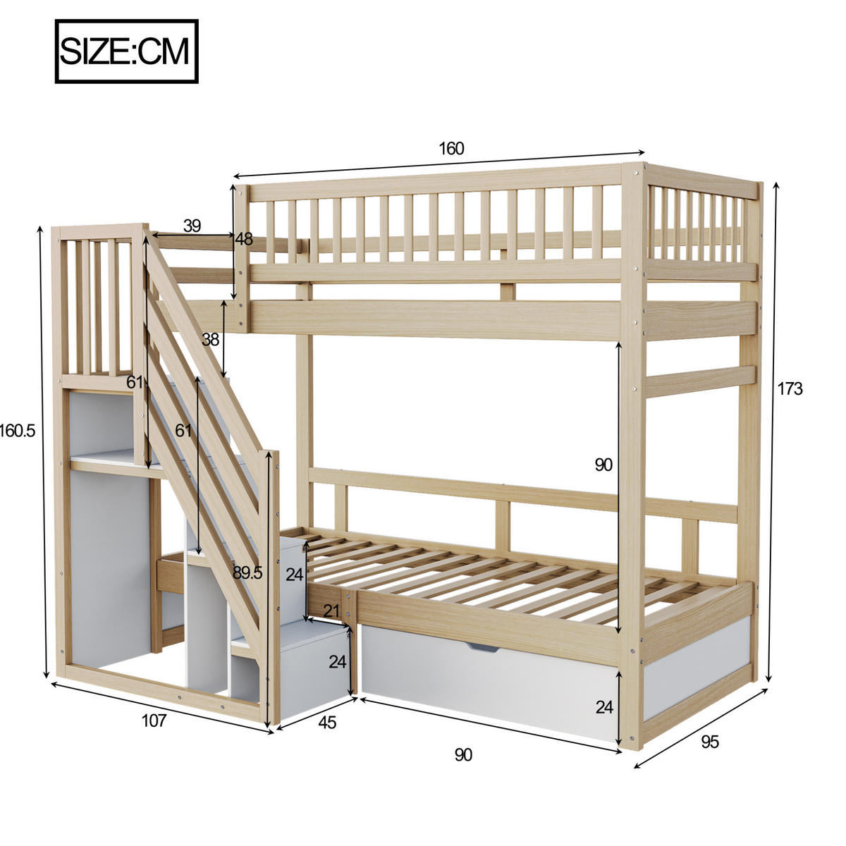 ETAGENBETT 90/200 cm Natur/Weiß aus Holz mit Stauraum - Naturfarben, Holzwerkstoff (90/200cm) - OKWISH