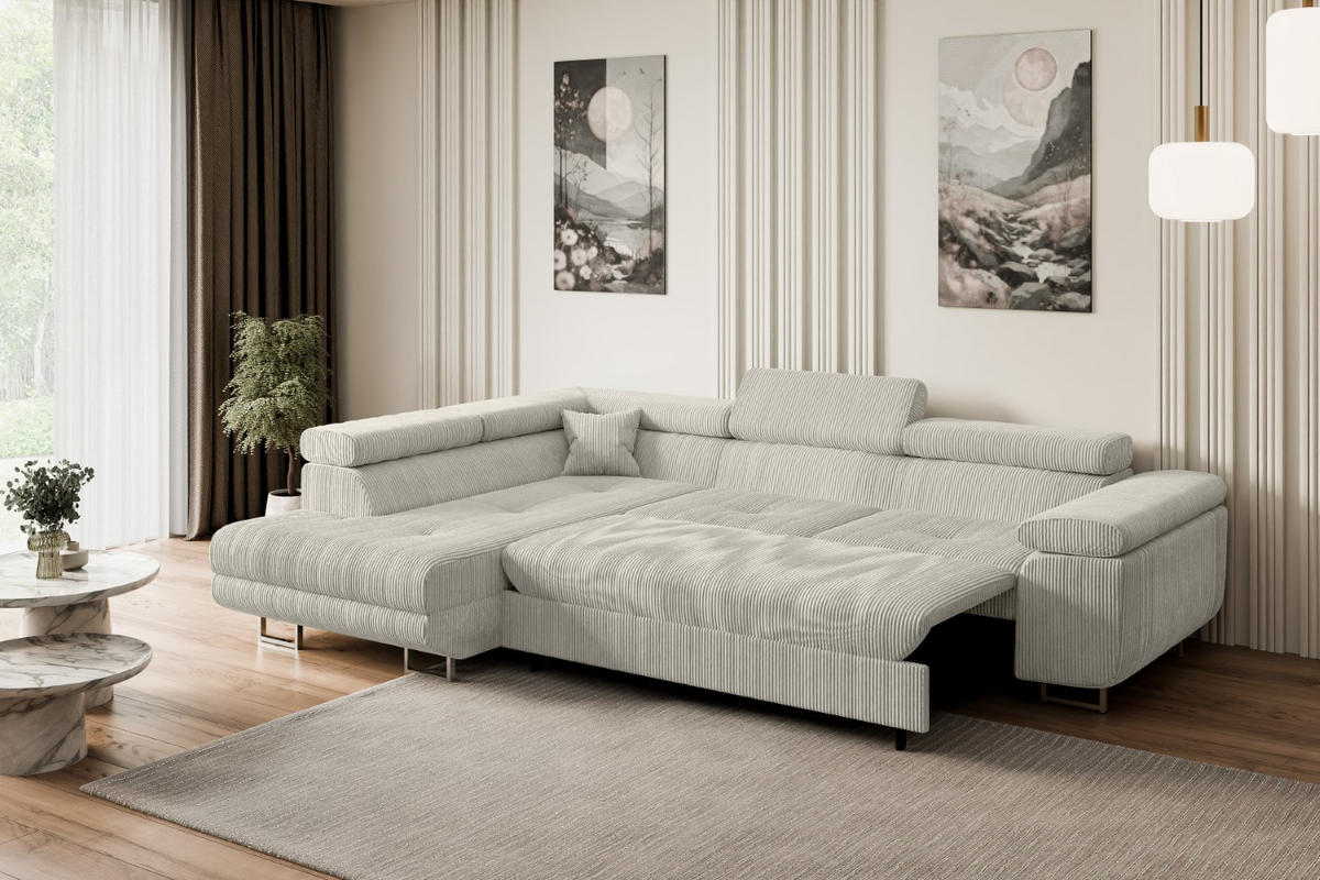 ECKSOFA mit Schlaffunktion und Bettkasten GUSA-L 272x202x107 cm Grau Cord - Silberfarben/Hellgrau, Holzwerkstoff/Textil (202/272cm) - ALTDECOR