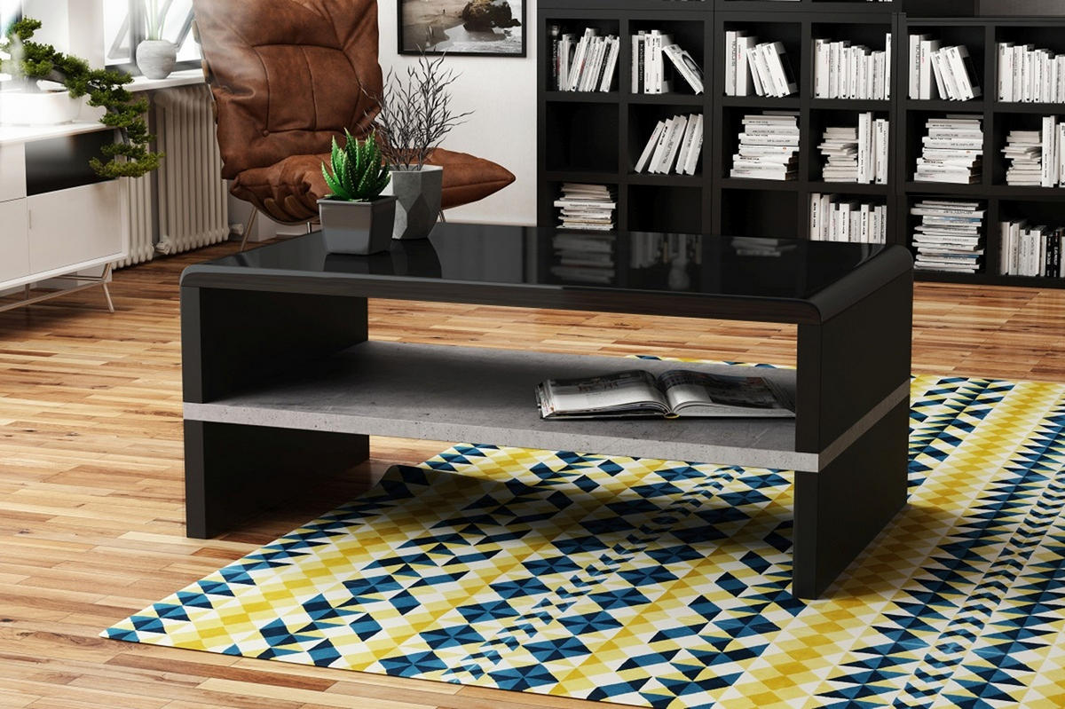 COUCHTISCH rechteckig Schwarz Hochglanz Beton mit Ablage - Schwarz Hochglanz/Hellgrau, Holzwerkstoff (60/100/43cm) - designimpex