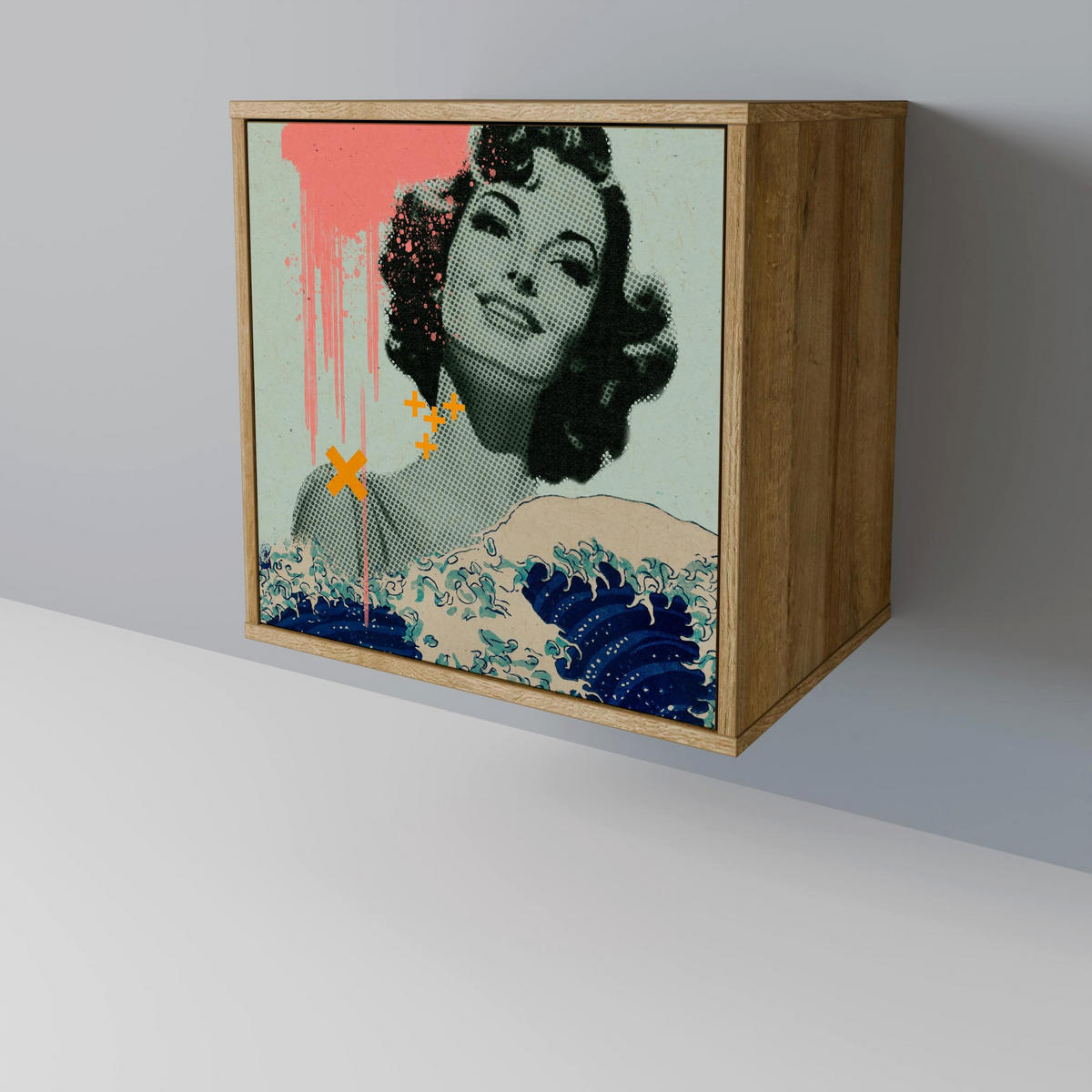 SIDEBOARD KANAGAWA BEAUTY, Eichefarben, 57,5x42x67,5 cm, Schwarze Metall-Rahmenfüße - Eichefarben/Multicolor, Holzwerkstoff/Metall (57.5/67.5/42cm) - SpaceRebels