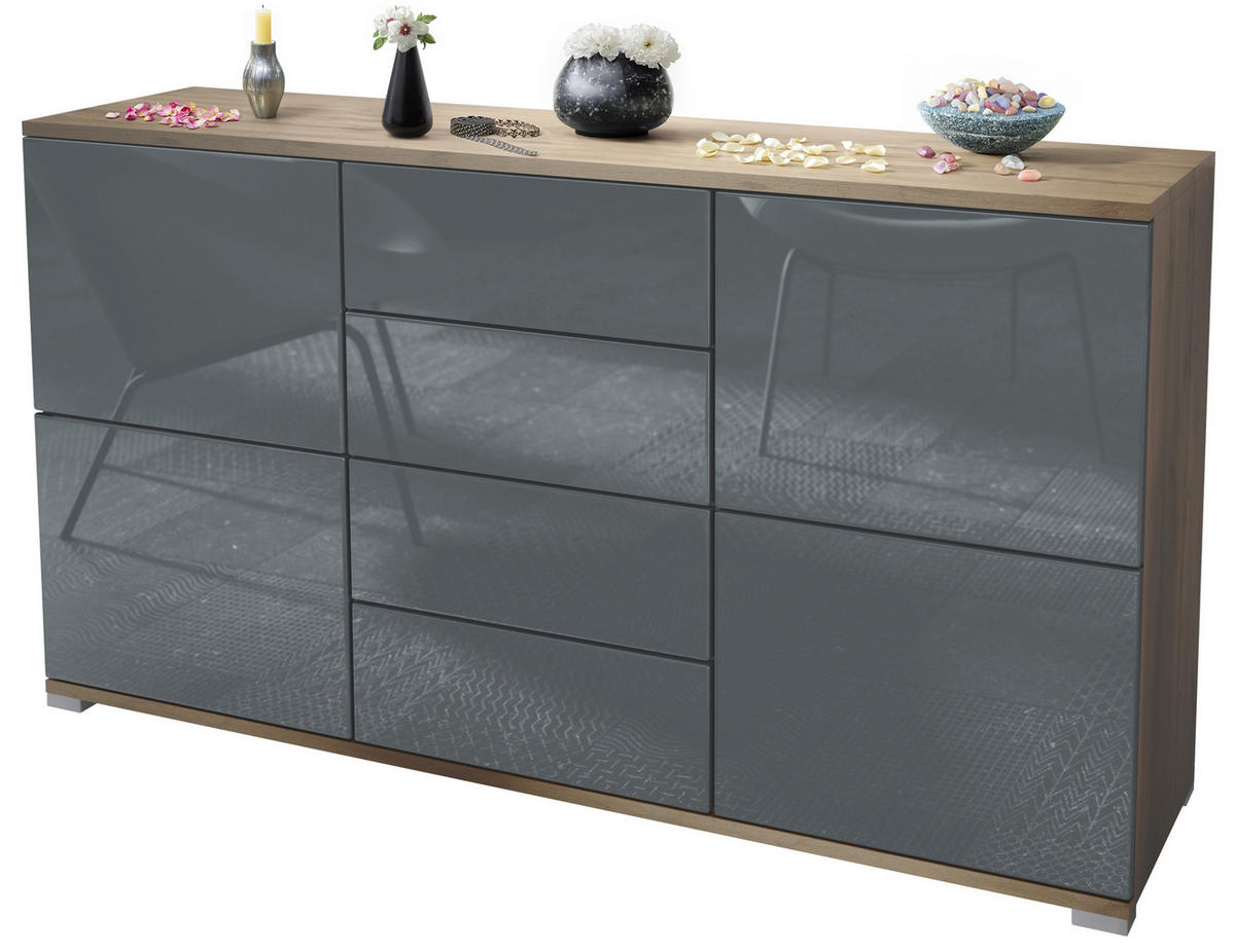 SIDEBOARD Rova Grau Hochglanz - Grau, Holzwerkstoff (138.5/75.5/35cm) - Vladon