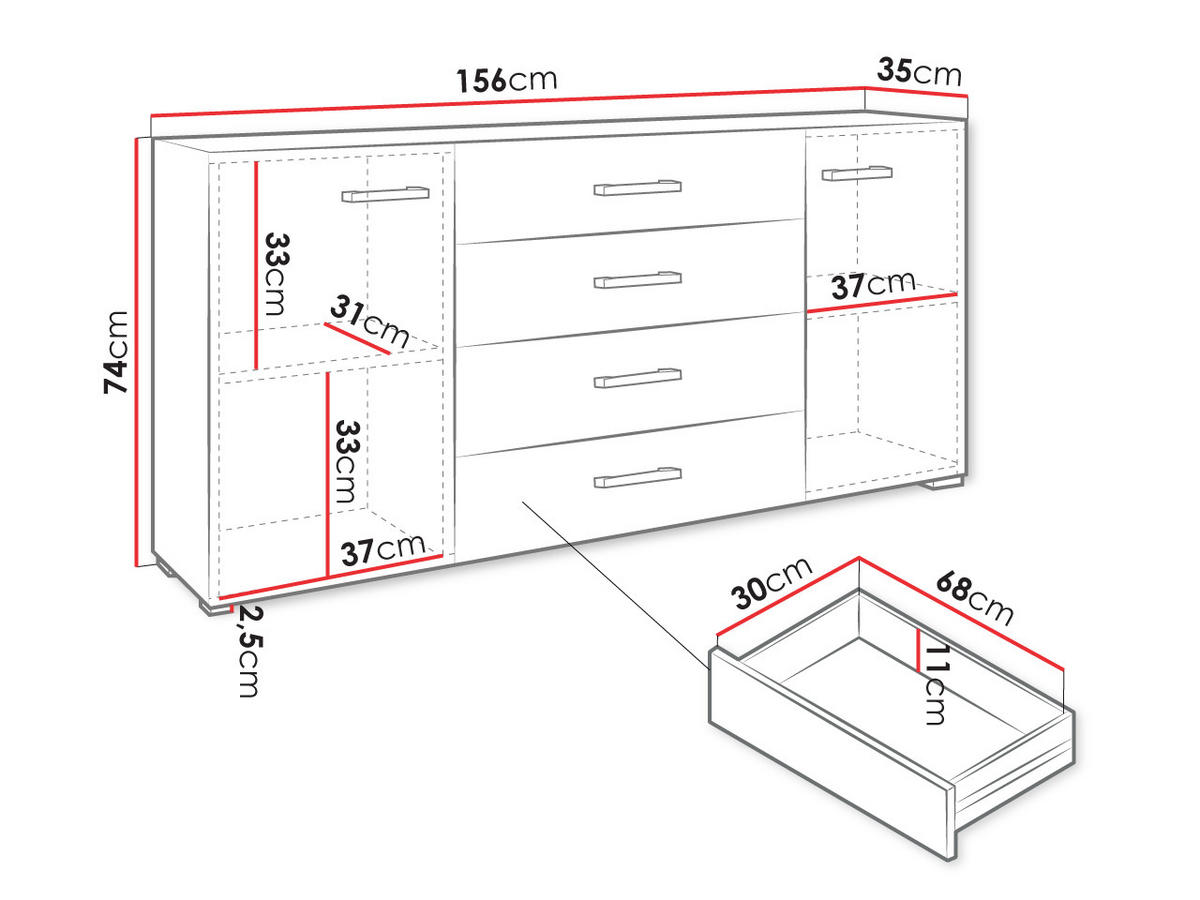 SIDEBOARD Gimren 2D4SZ - Hellgrau/Weiß, Holzwerkstoff/Kunststoff (156/74/35cm) - MIRJAN24