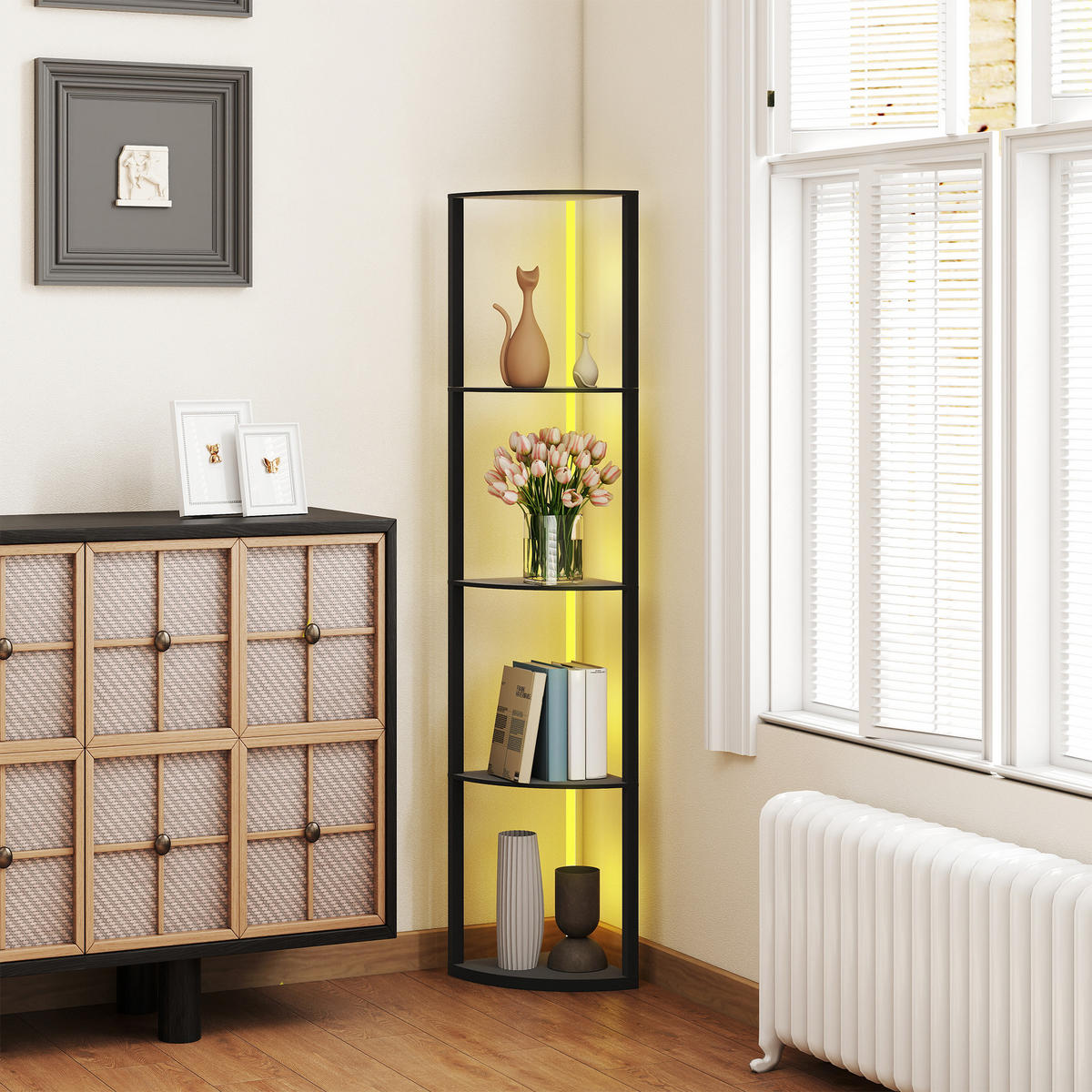 LED Stehlampe 5-stufige dimmbar Stehleuchte mit Regal, RGB Farbwechsel - Schwarz, Holzwerkstoff (42/29.5/163cm) - HOMCOM