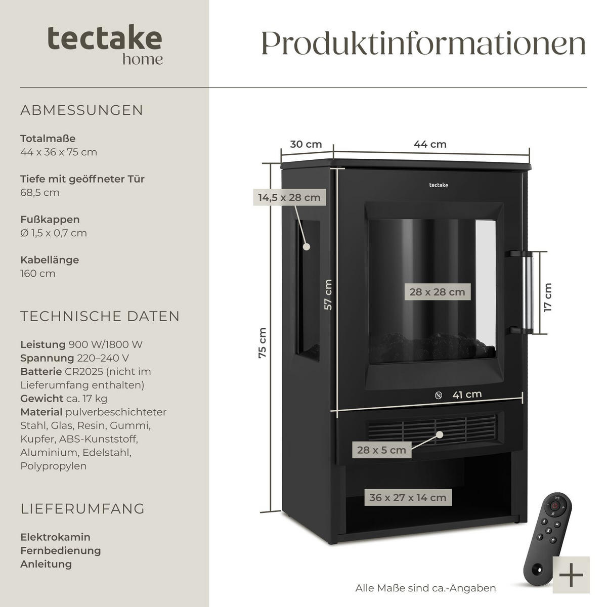 ELEKTROKAMIN Aidan, mit Fernbedienung und App-Steuerung, schwarz - Schwarz, Metall (44/75/36cm) - tectake