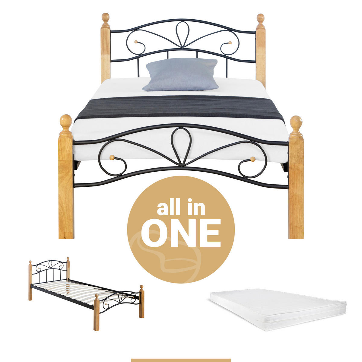 METALLBETT mit Matratze 90/200 cm Schwarz Natur - Schwarz/Naturfarben, Metall (90/200cm) - Homestyle4u