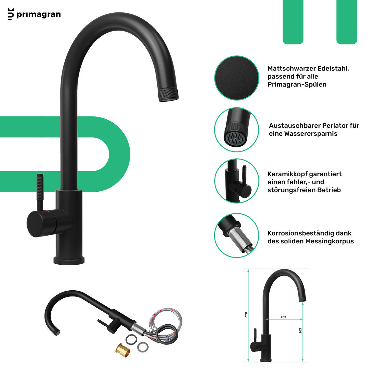 GRANITSPÜLE Praga Slim, 2-er set Schwarz 66/47 cm 1 Becken + Küchenarmatur 32/20 cm + Ablauf-Set + Aufrollbare Abtropffläche ab 70er Unterschrank - Chromfarben/Schwarz, Kunststoff (66/20/47cm) - Primagran