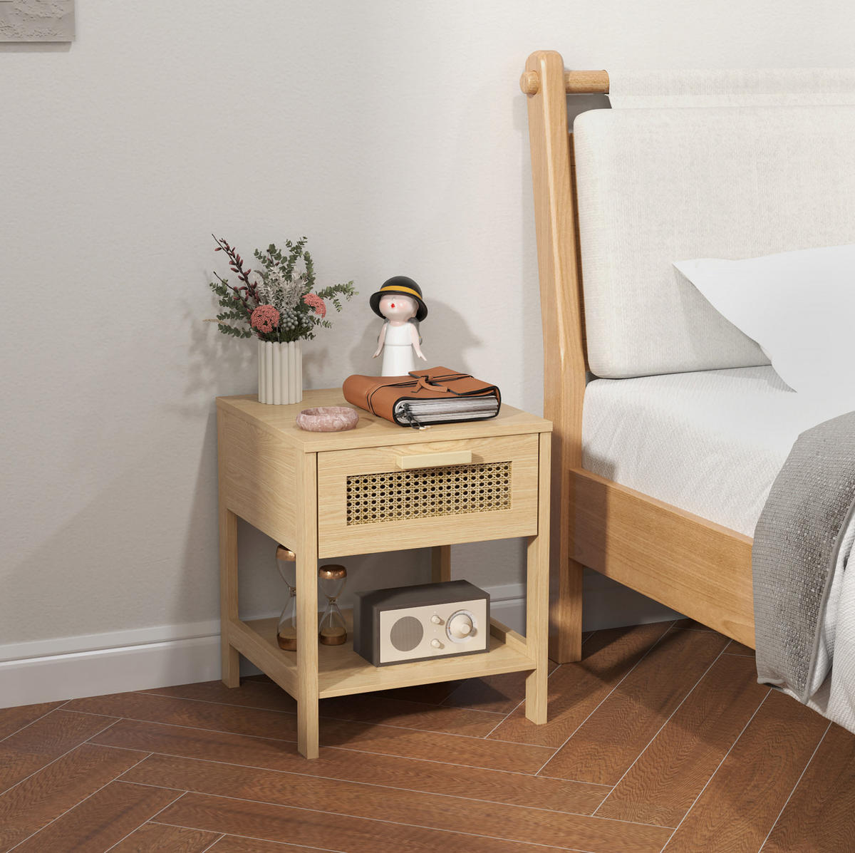 NACHTTISCH aus Holz mit Rattan-Schublade & Ablage, 40/40/48,4 cm, Naturholz - Naturfarben, Holz (40/48.4/40cm) - Redom