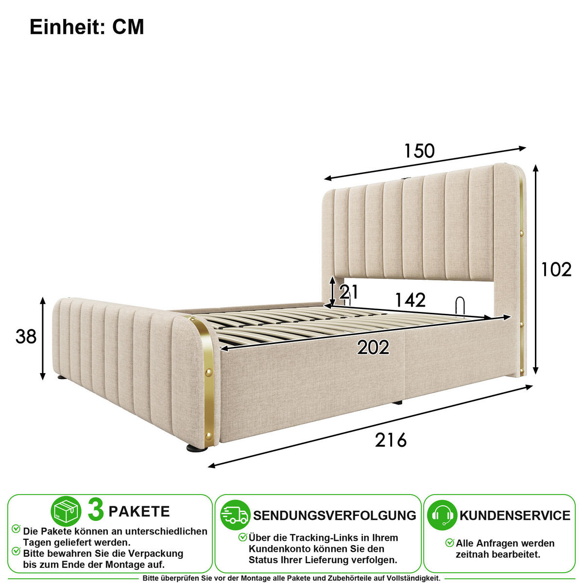 ČALOUNĚNÁ POSTEL 140/200 cm v béžové barvě s úložným prostorem, USB a Type-C - béžová, kov/kompozitní dřevo (140/200cm) - CHICFURN