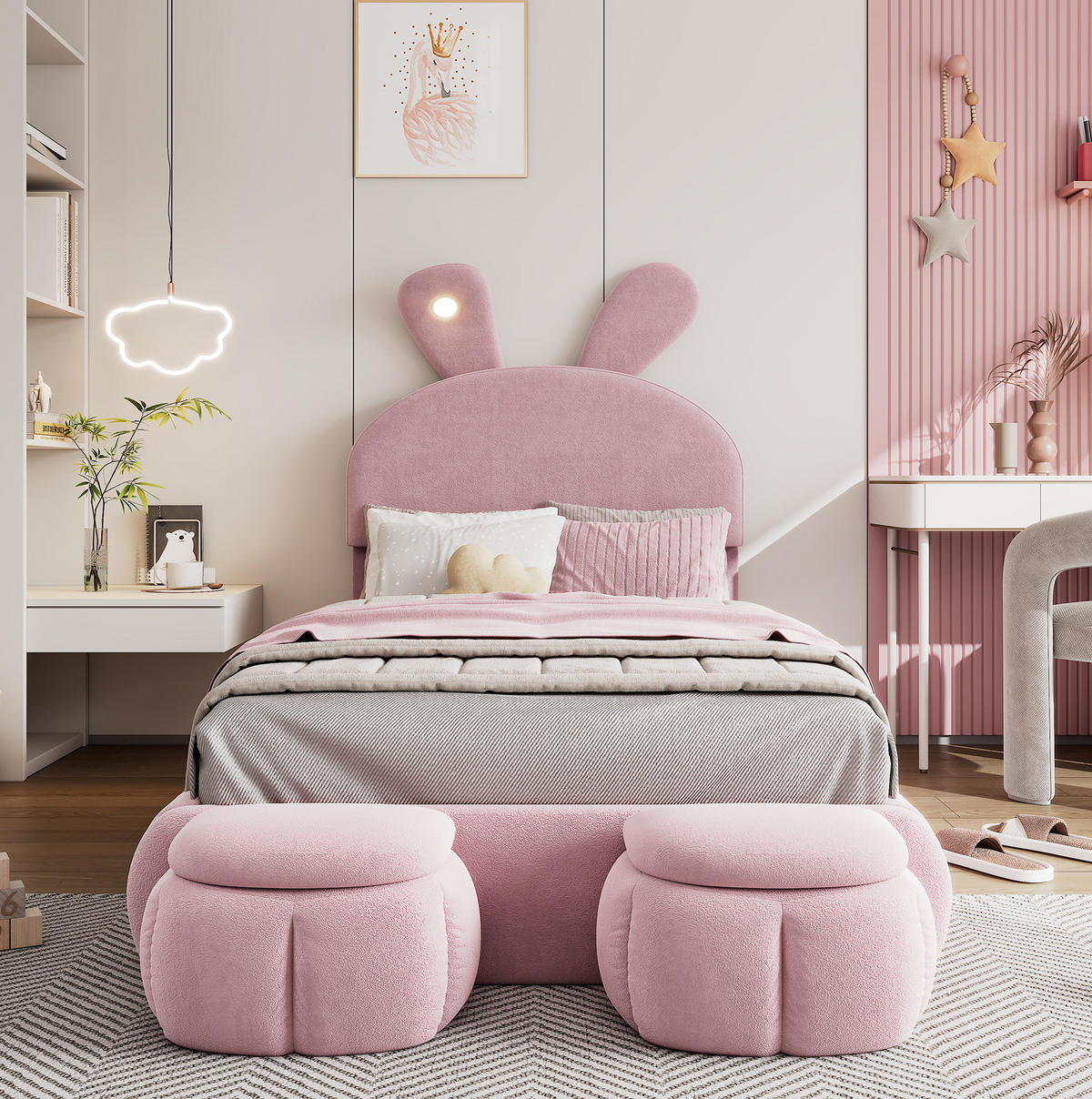 POLSTERBETT 90/200 cm Rosa mit LED-Beleuchtung und 2 Aufbewahrungshockern - Rosa, Textil (90/200cm) - Flora Grace