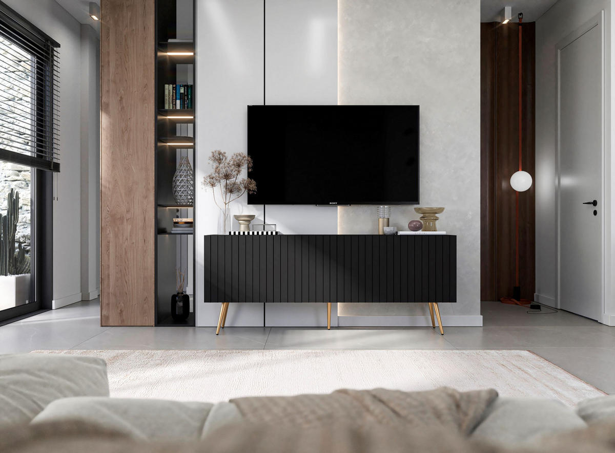 TV-SCHRANK Elpis Schwarz Matt mit goldenen Metallbeine Glamour 150 cm - Goldfarben/Schwarz, Holzwerkstoff/Metall (150/60.5/36.5cm) - Meble Lindner