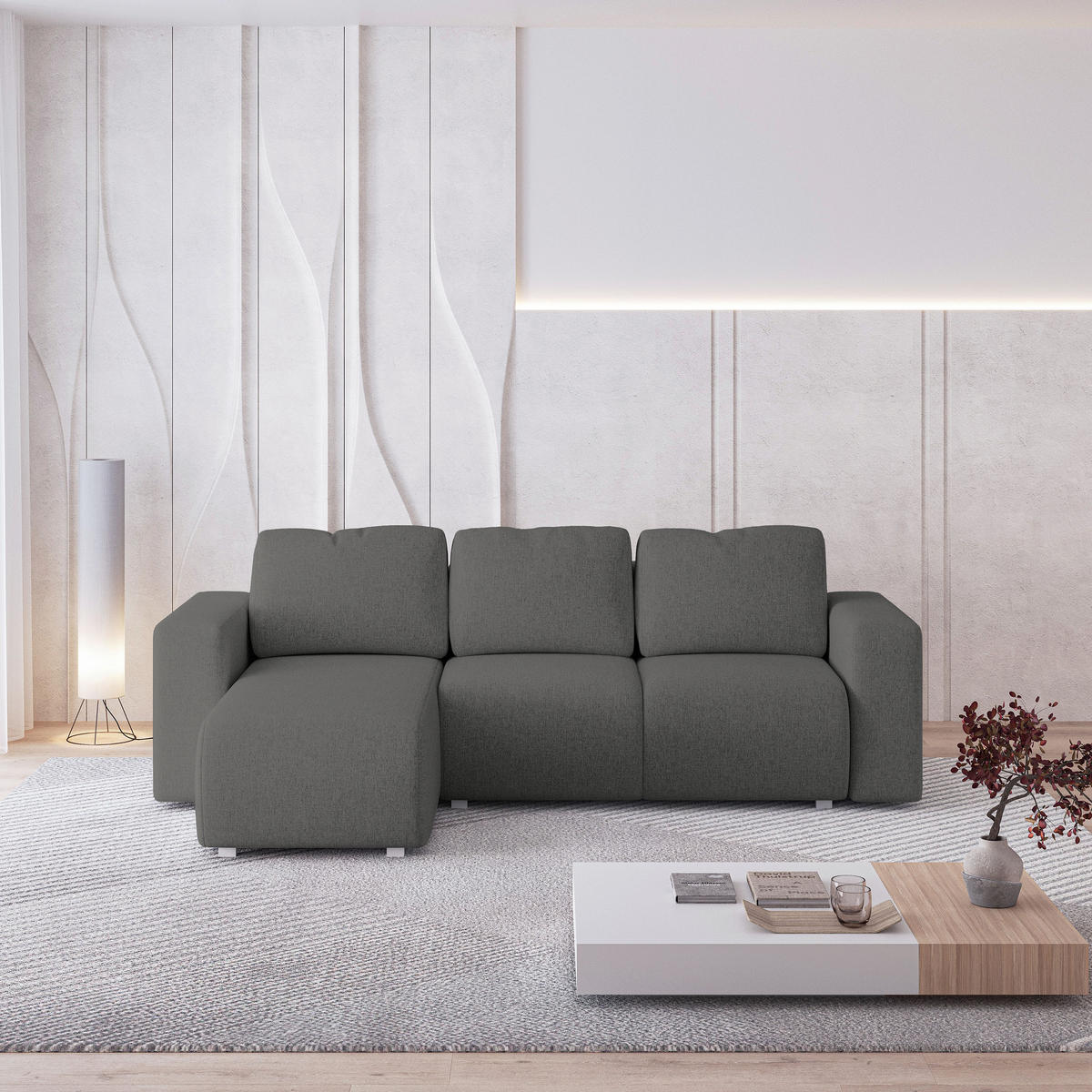 ECKSOFA RINOVA Grau Geflochtener Stoff mit Schlaffunktion - Grau, Holz (250/143cm) - MASSENO