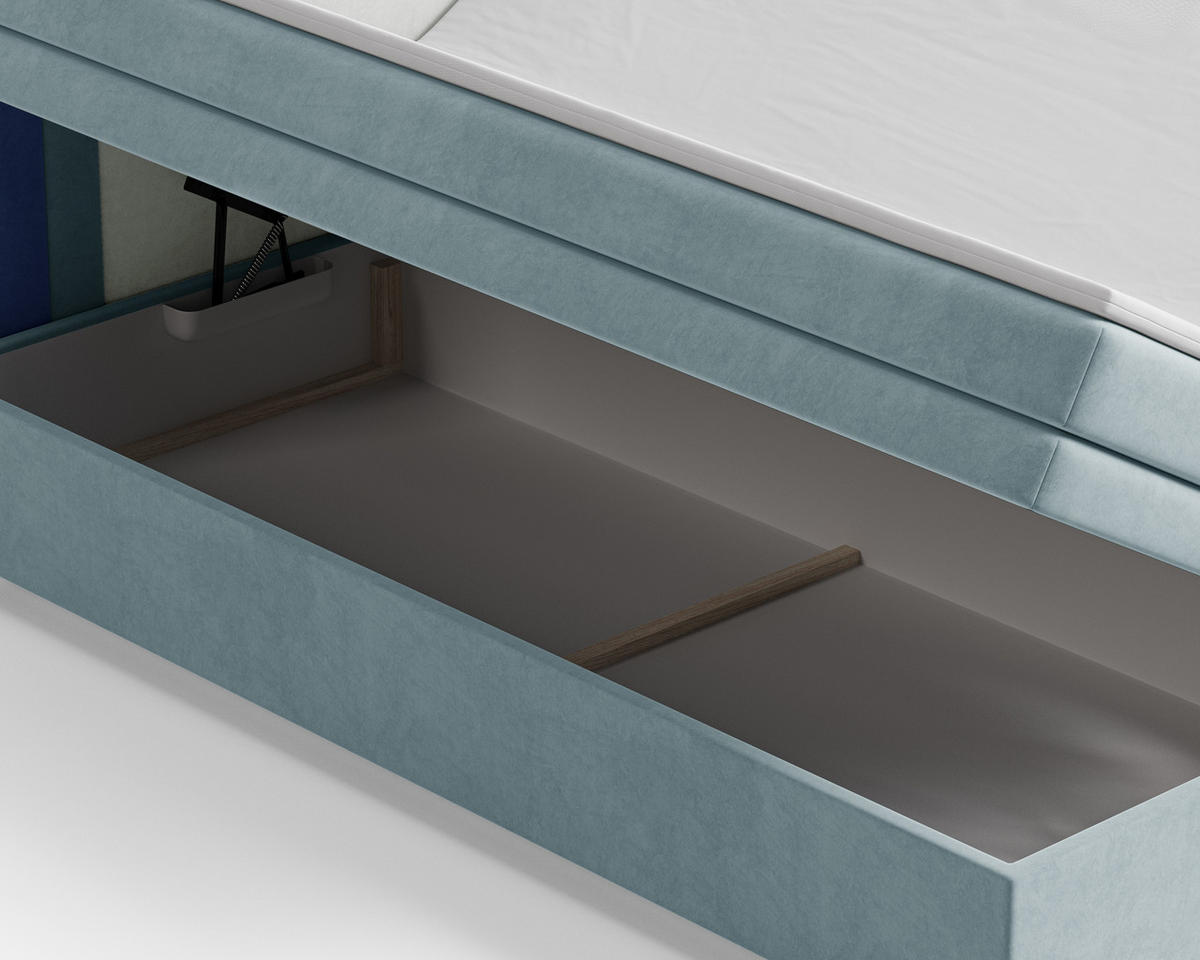 BOXBETT - Bett 10 NEST - Riviera - 140x200 cm - Modernes Polsterbett mit Bettkasten - Dunkelblau, Holz (140/200cm) - ROYAL24_MARKT