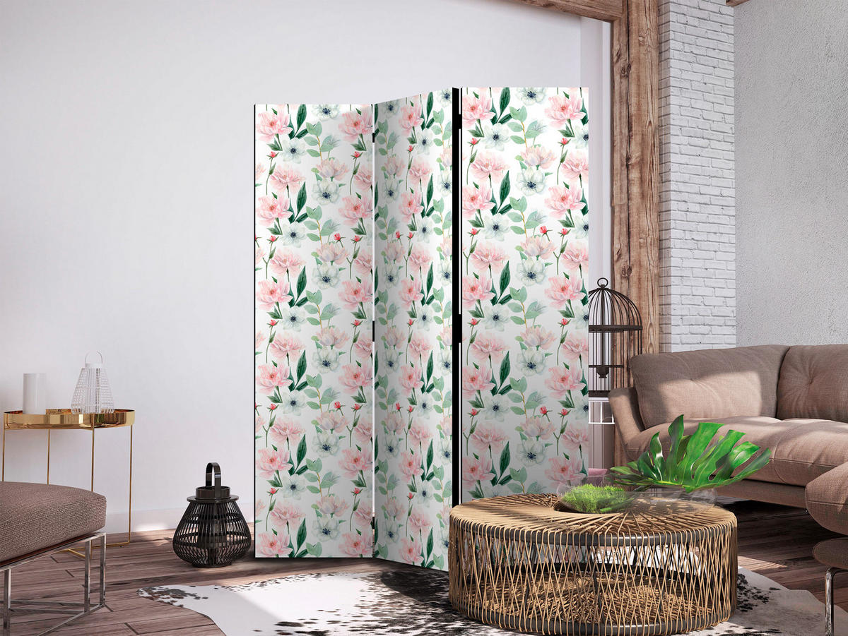 PARAVENT Beidseitig Bedruckter 3-tlg 135x172 cm Pfingstrosen Blumenmuster - Multicolor, Holz/Textil (135/172/3cm) - Muralo