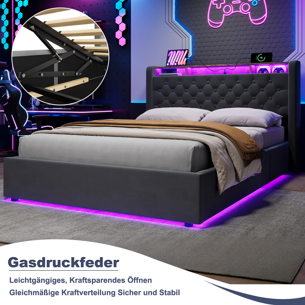 POLSTERBETT 140/190 cm in Dunkelgrau Samt mit Bettkasten, LED-Beleuchtung und USB-Anschluss - Dunkelgrau, Holzwerkstoff/Textil (140/190cm) - CHICFURN