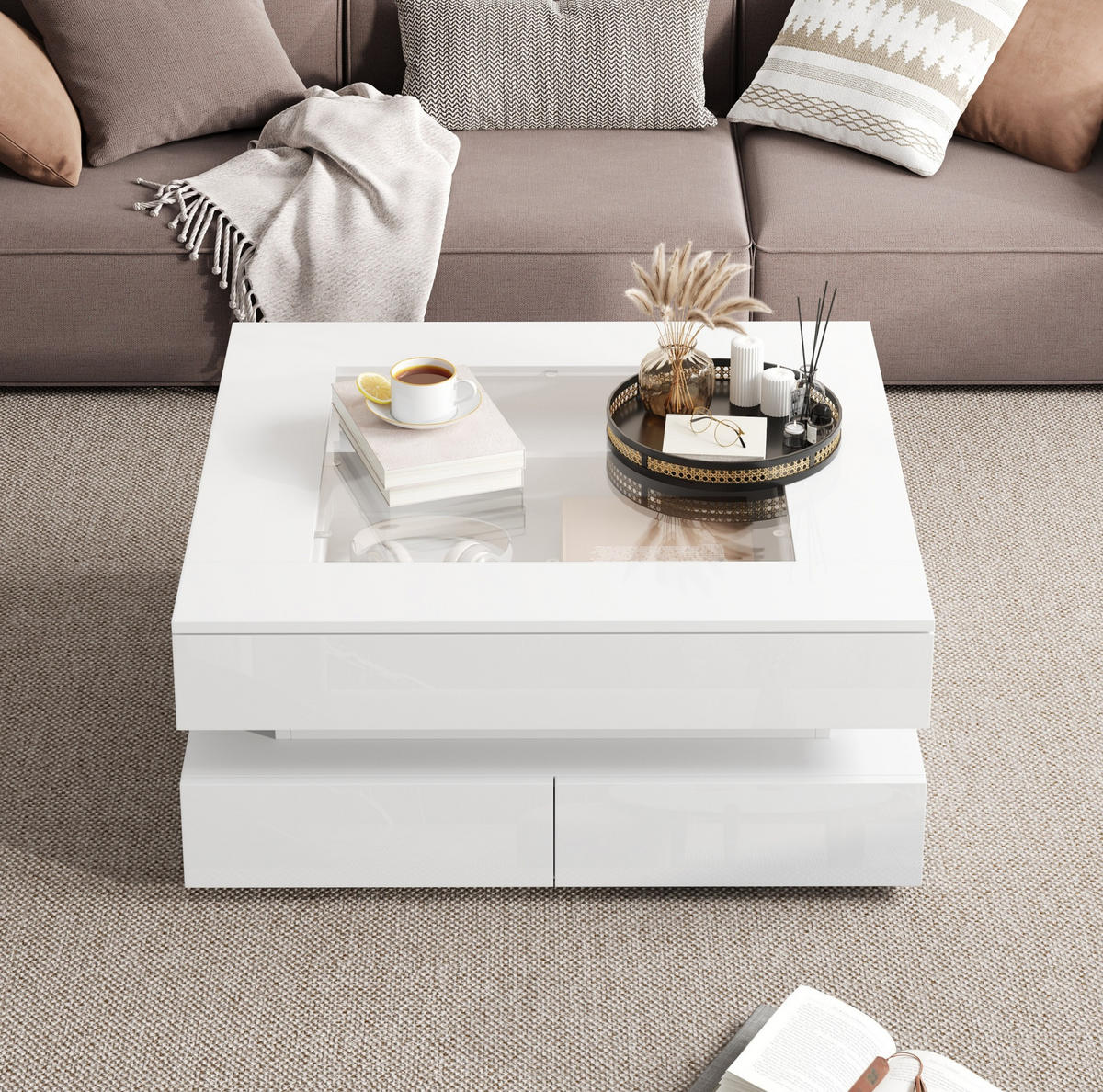 COUCHTISCH 70/70/35 cm in Weiß mit LED-Beleuchtung und 3 Schubladen - Weiß, Holzwerkstoff (70/70/35cm) - Flora Grace