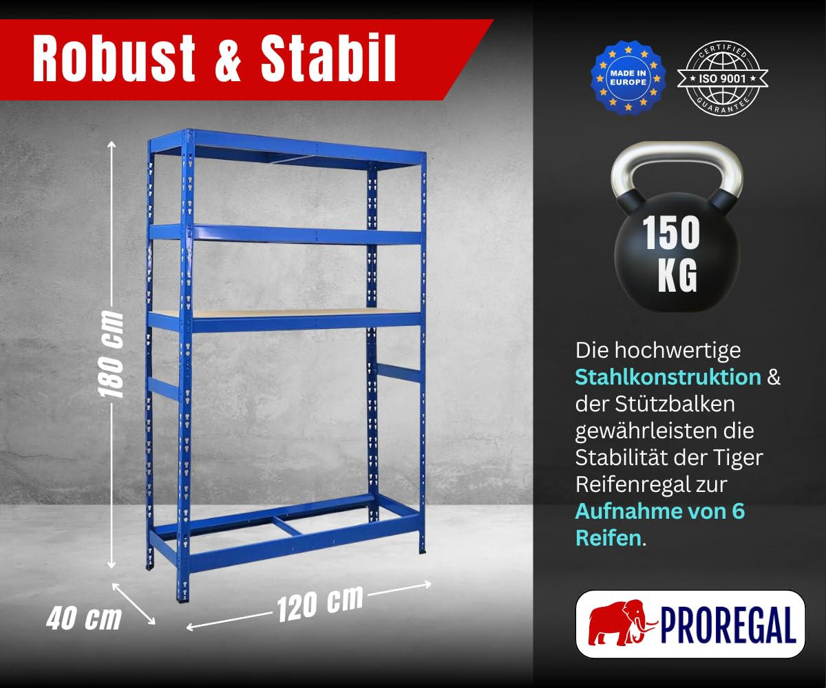 REIFENREGAL Tiger 180x120x40 cm bis zu 6 Reifen auf 1 Ebene + 3 Ablagen Blau - Blau, Metall (120/180/40cm) - PROREGAL