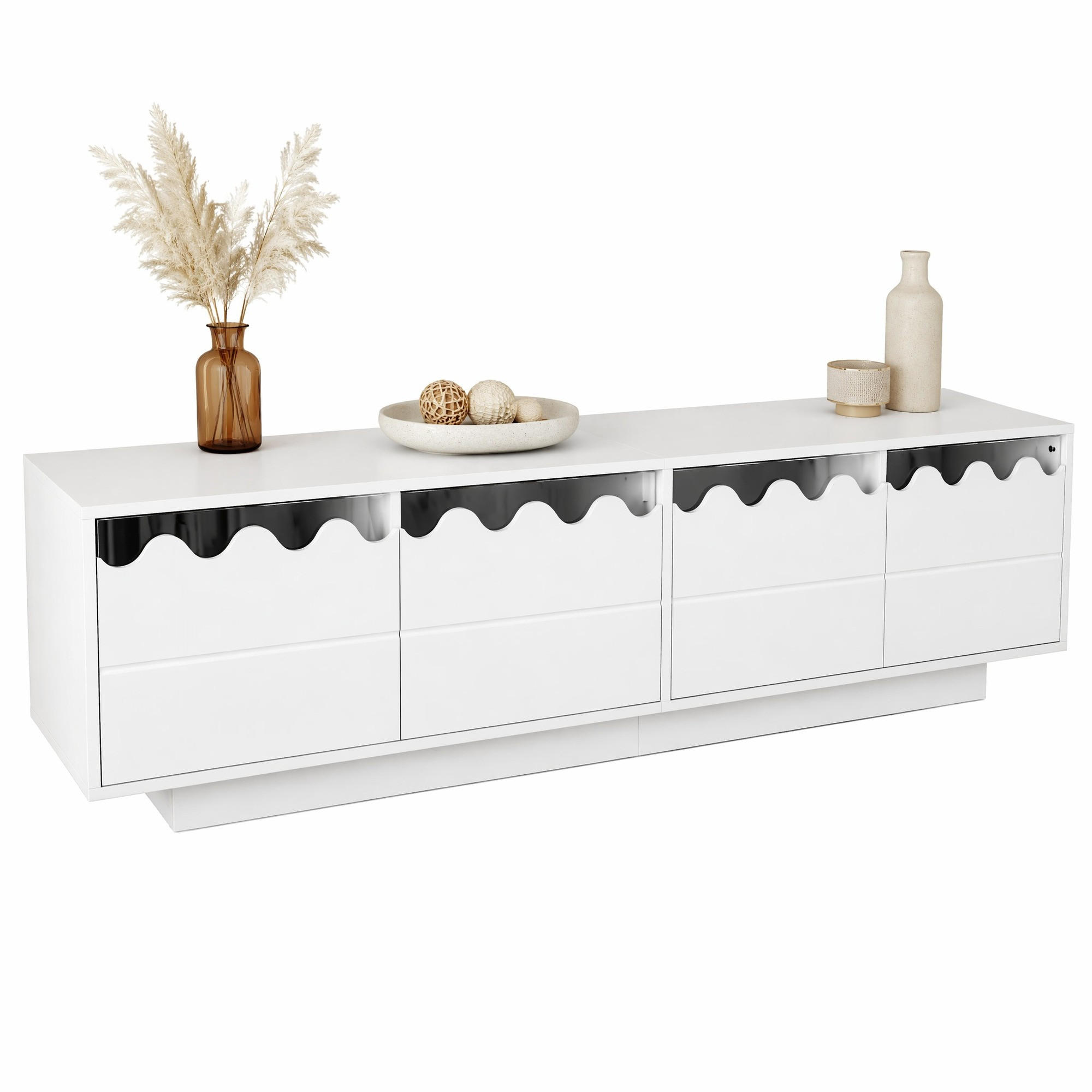 LOWBOARD in Weiß TV-Schrank mit 4 Türen und Wellen-Design für Wohnzimmer, B170/T40/H45 cm - Weiß, Holzwerkstoff/Metall (170/45/40cm) - STILVORA