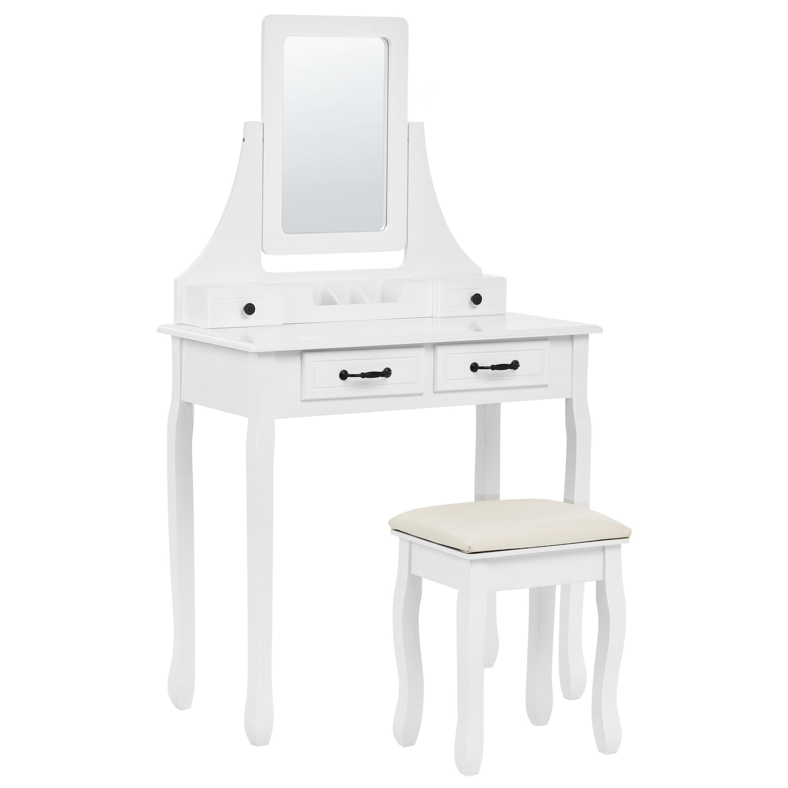 SCHMINKTISCH mit Spiegel und Hocker Weiß Rayon - Weiß, Holzwerkstoff (80/139/40cm) - Beliani