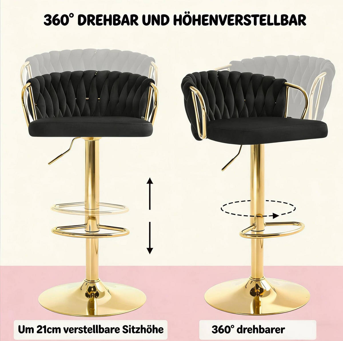 BARHOCKER höhenverstellbar drehbar Samt Schwarz - Schwarz, Metall (49.5/98/50.5cm) - Meubliv