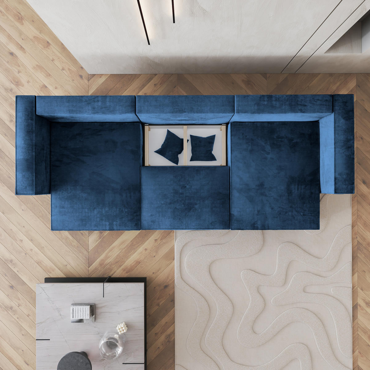 WOHNLANDSCHAFT SARMO M Blau Velours-Stoff mit Schlaffunktion - Blau, Holz (347/70/148cm) - MASSENO