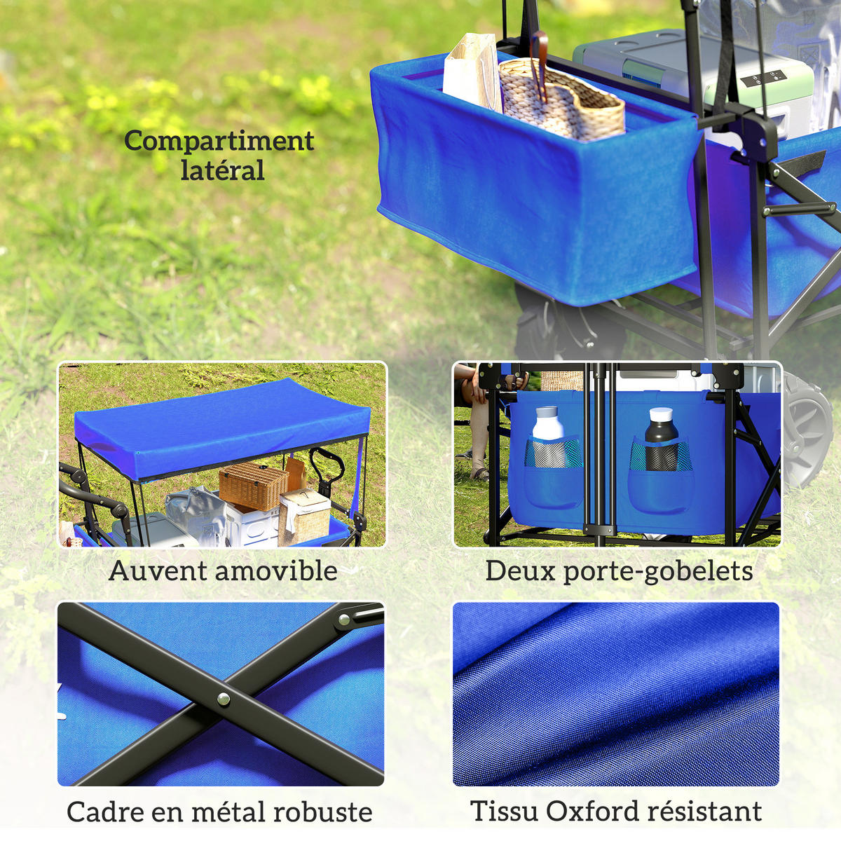 GARTENWAGEN DE-18763 klappbar mit Dach & All-Terrain-Rollen Blau - Blau, Metall (55/98/117cm) - ComfortXL