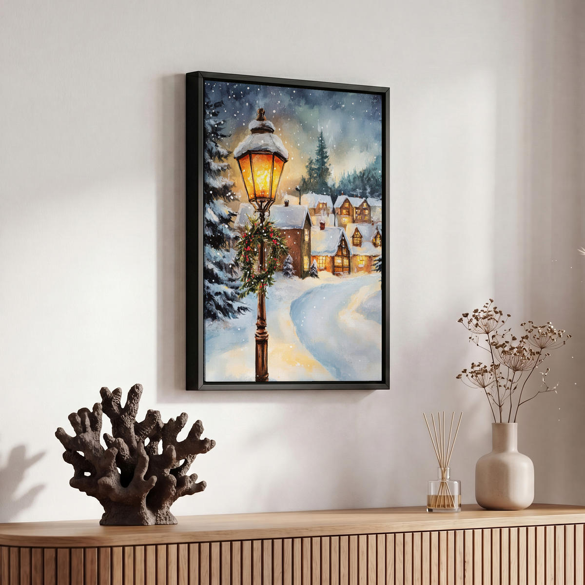 LEINWAND Bilder mit Rahmen - Weihnachtsdorf - Häuser - Schnee - Weihnachten - 20x30 - Sandfarben, Textil (20/30cm) - MuchoWow