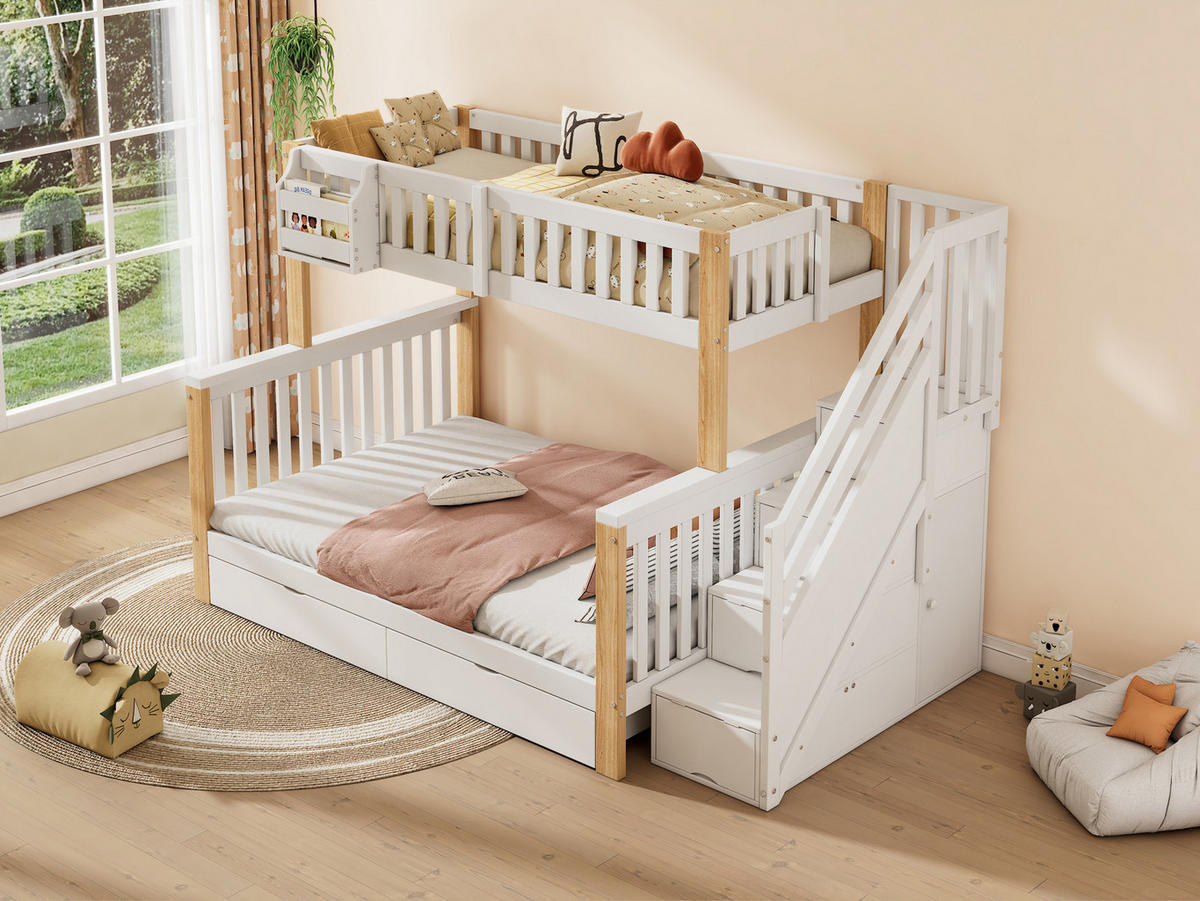 ETAGENBETT 90/200 cm aus Massivholz mit Treppenschrank, Schublade und Ablagekörben, Weiß/Natur - Weiß, Holzwerkstoff (90/200cm) - Redom