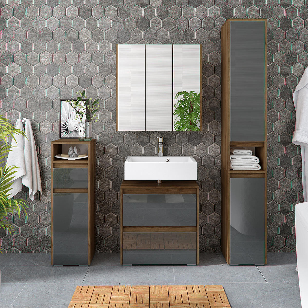 BADMÖBEL-SET Majest Anthrazit 4 Teile - Anthrazit/Walnussfarben, Holzwerkstoff (60/62/30cm) - Vicco