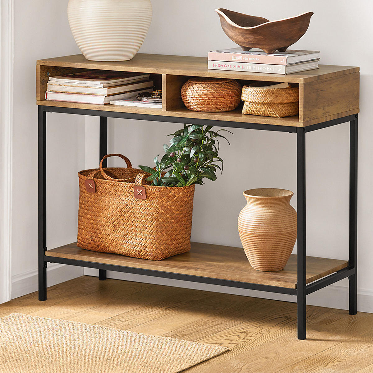 KONSOLENTISCH Natur - Schwarz/Braun, Holzwerkstoff/Metall (100/47/80cm) - SoBuy