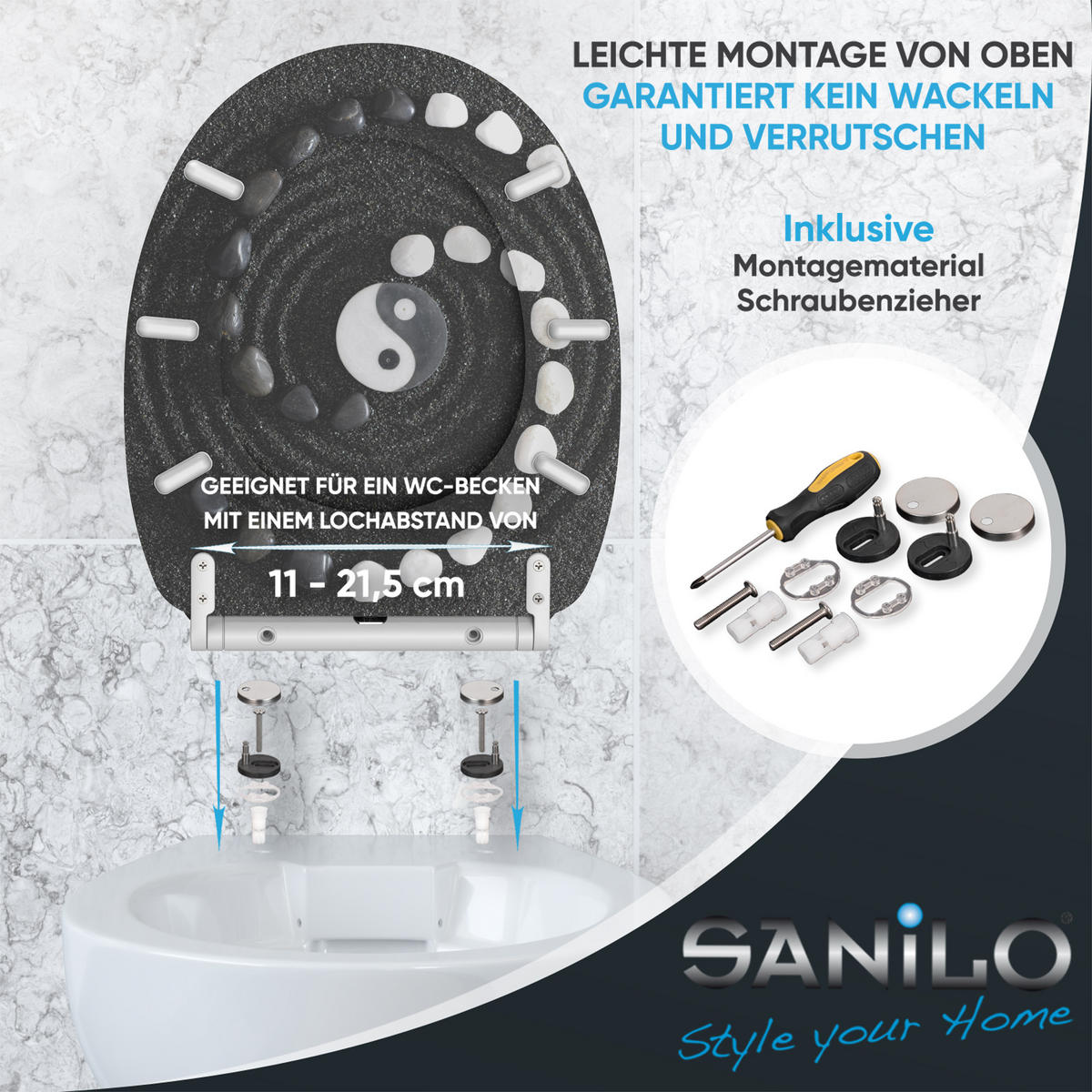 WC-SITZ mit Absenkautomatik & Top Fix Yin Yang - Schwarz, Holzwerkstoff (37.7/5.5/48cm) - Sanilo