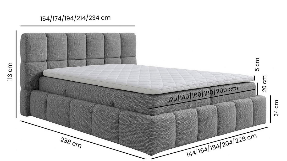 BOXSPRINGBETT AURA mit Topper und Bettkasten, Dunkelgrau, H3 Bonell, 140x200 cm - Dunkelgrau, Textil (140/200cm) - Labett