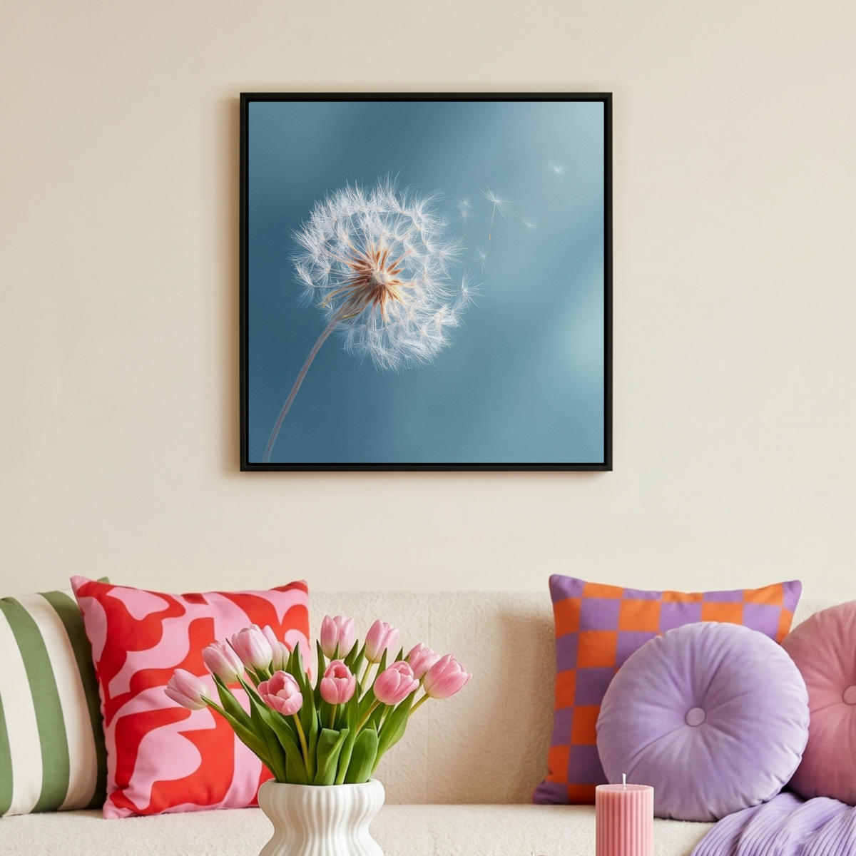 LEINWAND Bilder mit Rahmen - Löwenzahn - Wind - Blau - 50x50 - Blaugrau, Textil (50/50cm) - MuchoWow