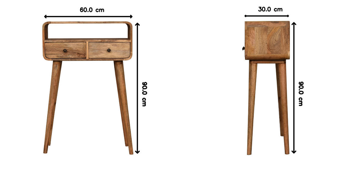 KONSOLE Mini Geschwungen Eichenoptik, 2 Schubladen und Offenes Fach, Beige - Beige/Messingfarben, Holz/Metall (30/60/90cm) - Artisan Furniture