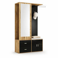 GARDEROBE-SET in Schwarz und Naturfarben Garderobenschrank mit Spiegel und Schuhbank für Flur, B100/T38/H180 cm - Schwarz/Naturfarben, Glas/Holzwerkstoff (100/180/38cm) - STILVORA