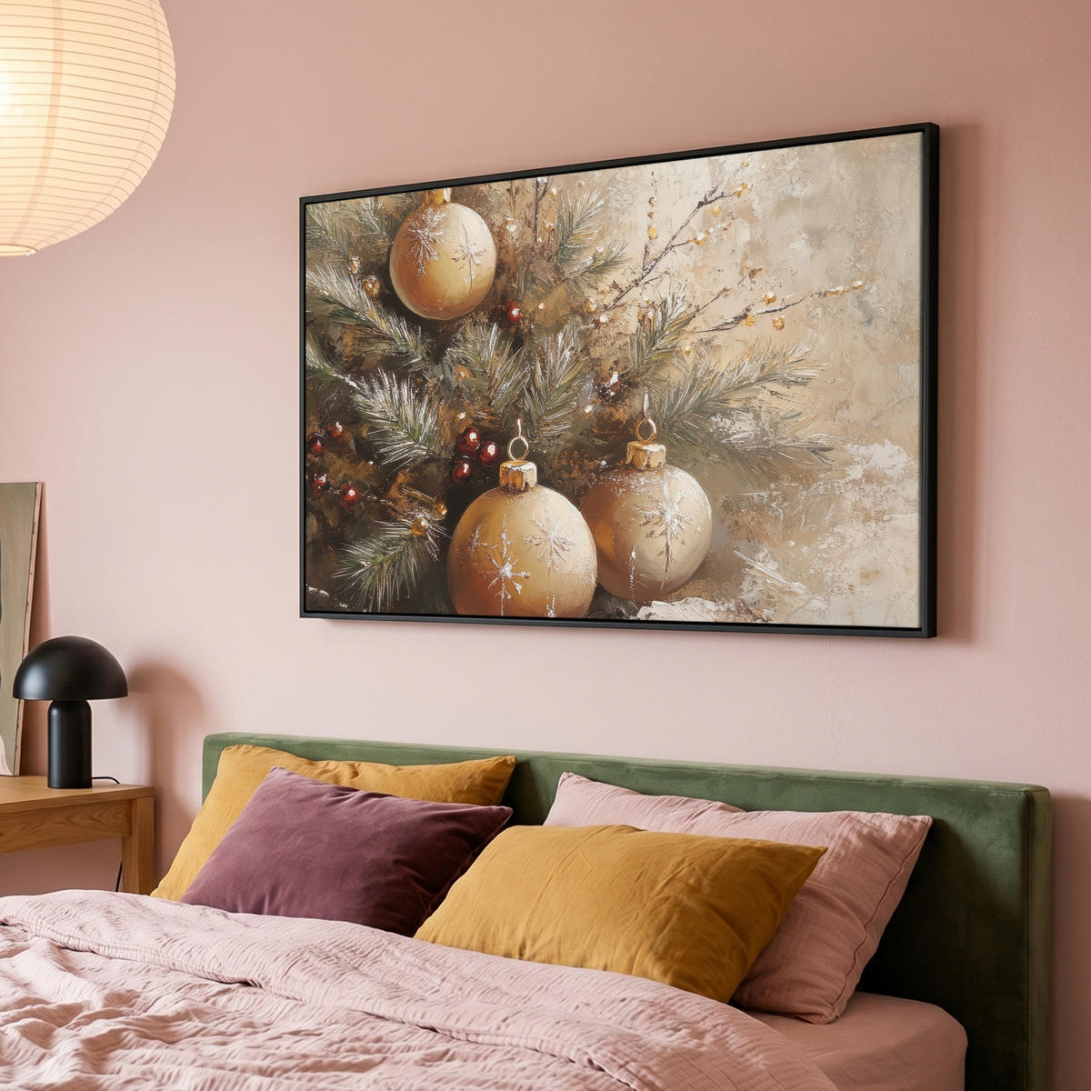 LEINWAND Bilder mit Rahmen - Weihnachten - Kugeln - Beige - Gold - 120x80 - Goldfarben, Textil (120/80cm) - MuchoWow
