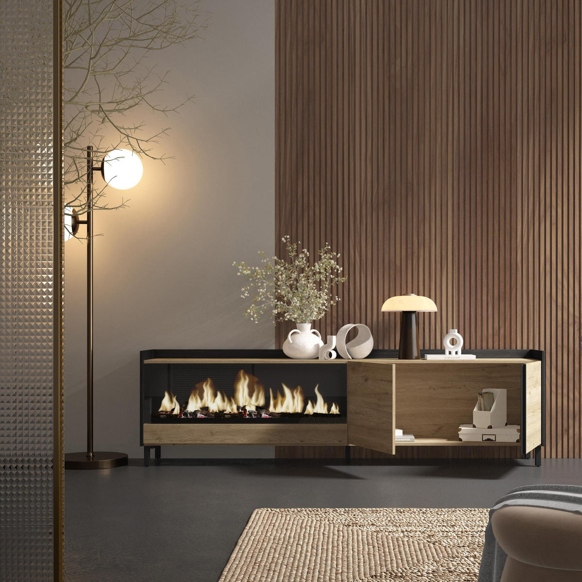 LOWBOARD, Eiche und Schwarz, 212/35/61cm, Kamin mit Feuereffekt XXL - Eichefarben, Holzwerkstoff (212/61/35cm) - Skraut Home